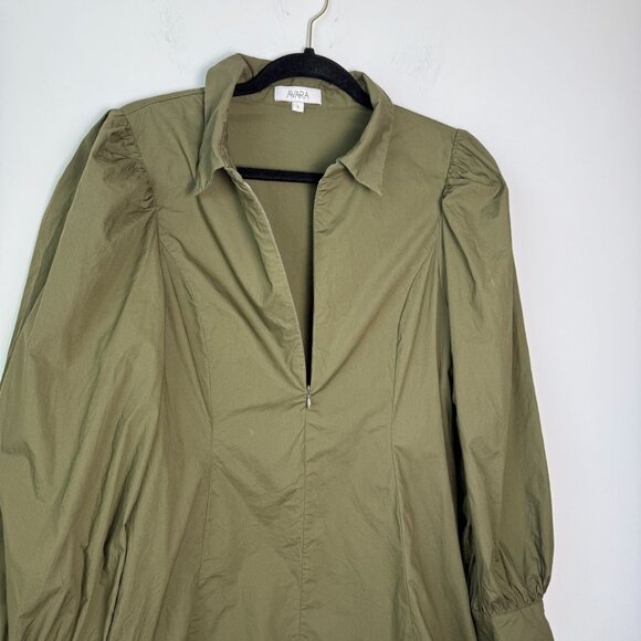 Avara Rhett Dress Mini Zip Up Balloon Sleeve Zip Up Cotton Poplin Olive Green L - Picture 6 of 13